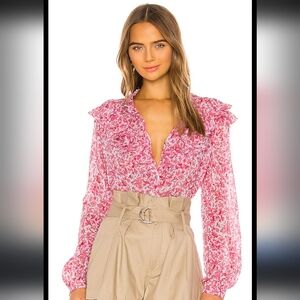 Banjanan Revolve Nina Long Sleeve Ruffle Blouse Clover Field White Pink Medium